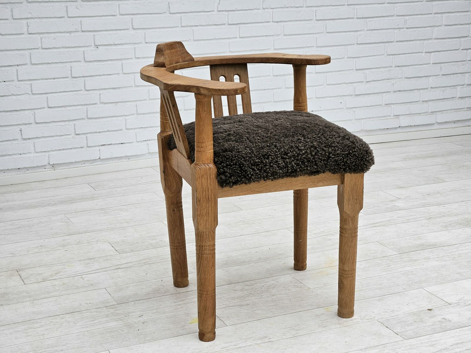 1950s, Danish Design, Reupholstered Armchair, New Zealand Sheepskin, Oak Wood. photo furniture