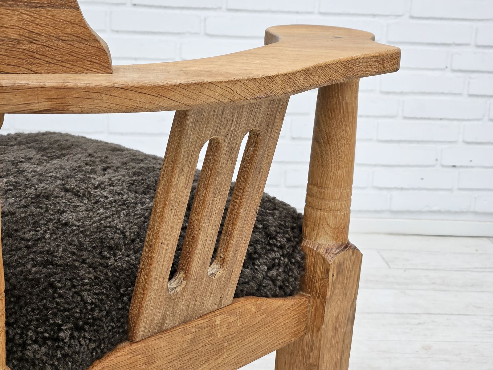photo furniture 1950s, Danish Design, Reupholstered Armchair, New Zealand Sheepskin, Oak Wood.