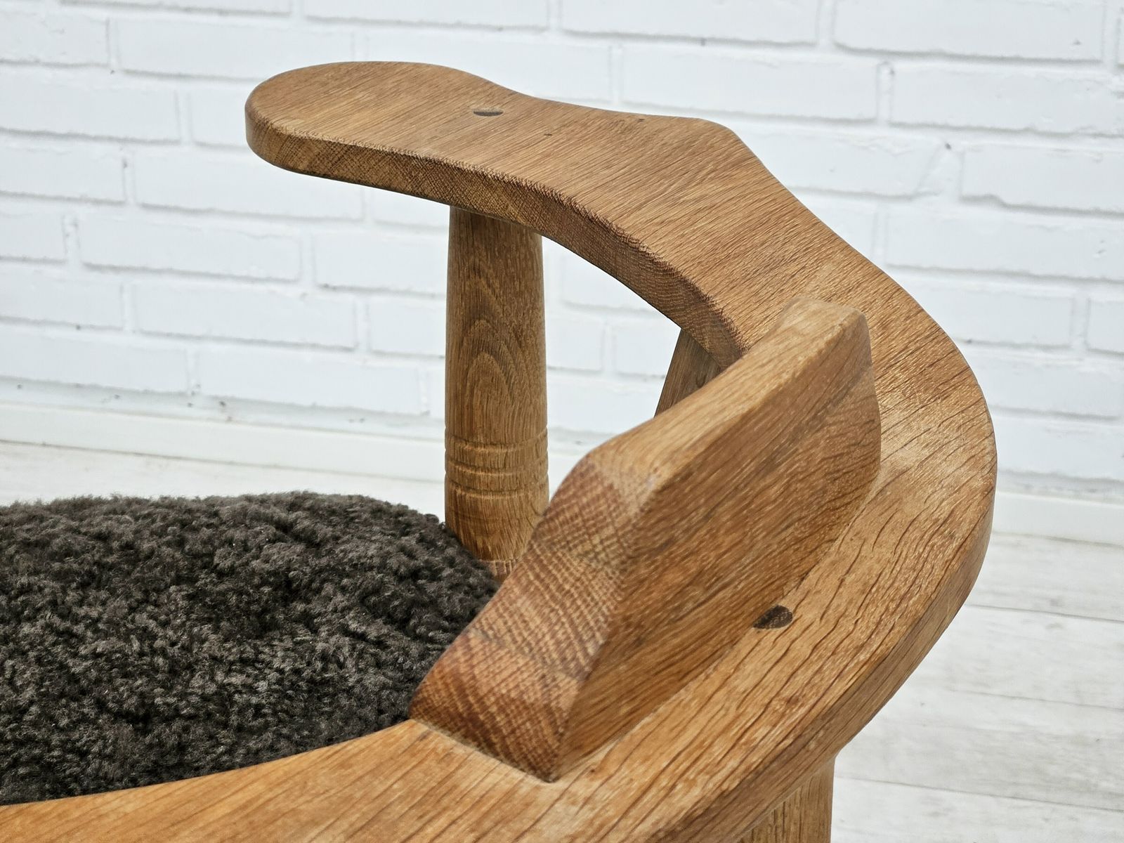 Furniture 1950s, Danish Design, Reupholstered Armchair, New Zealand Sheepskin, Oak Wood. photo