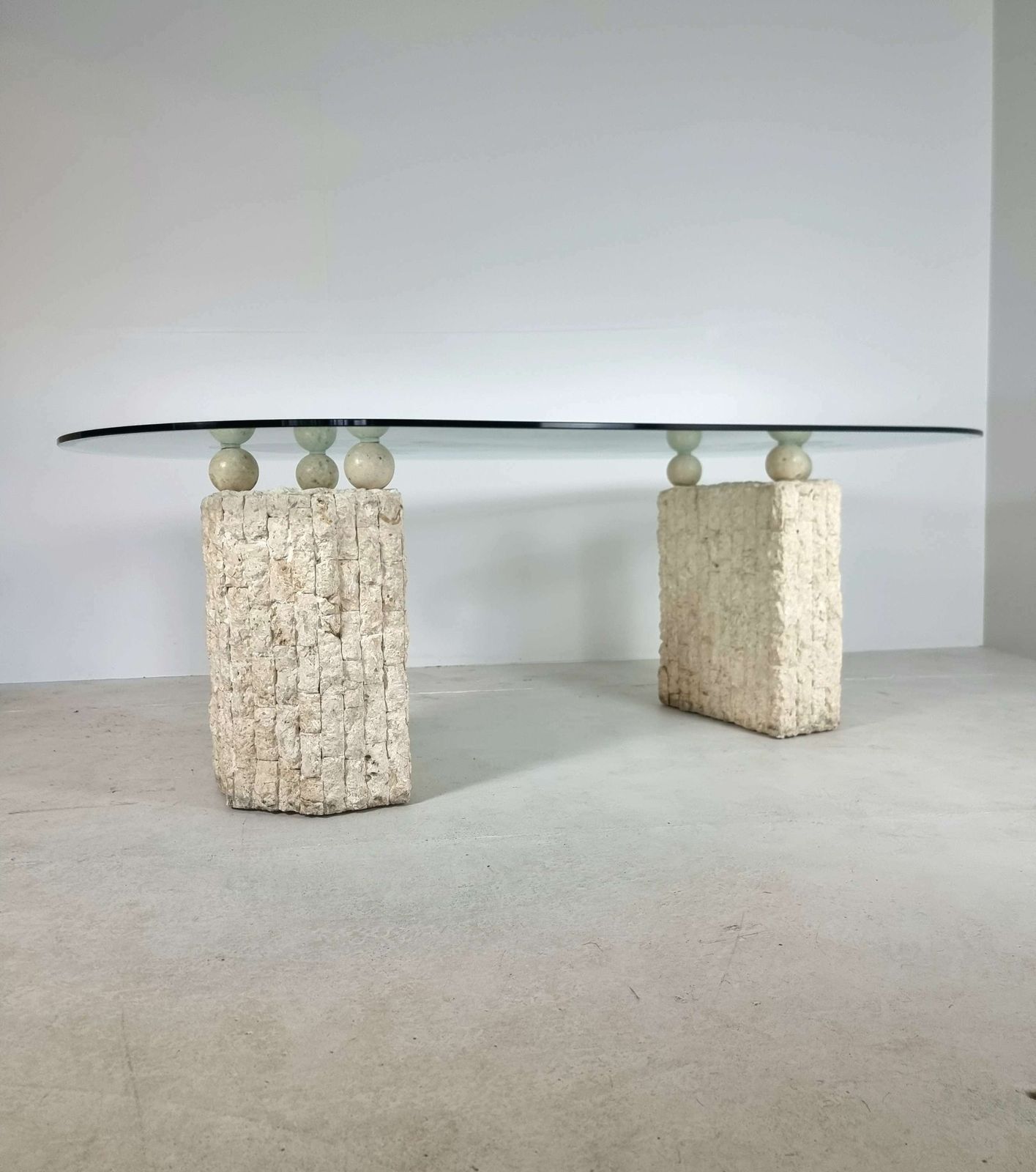1980s Natural Mactan Stone Dining Table With Glass Top