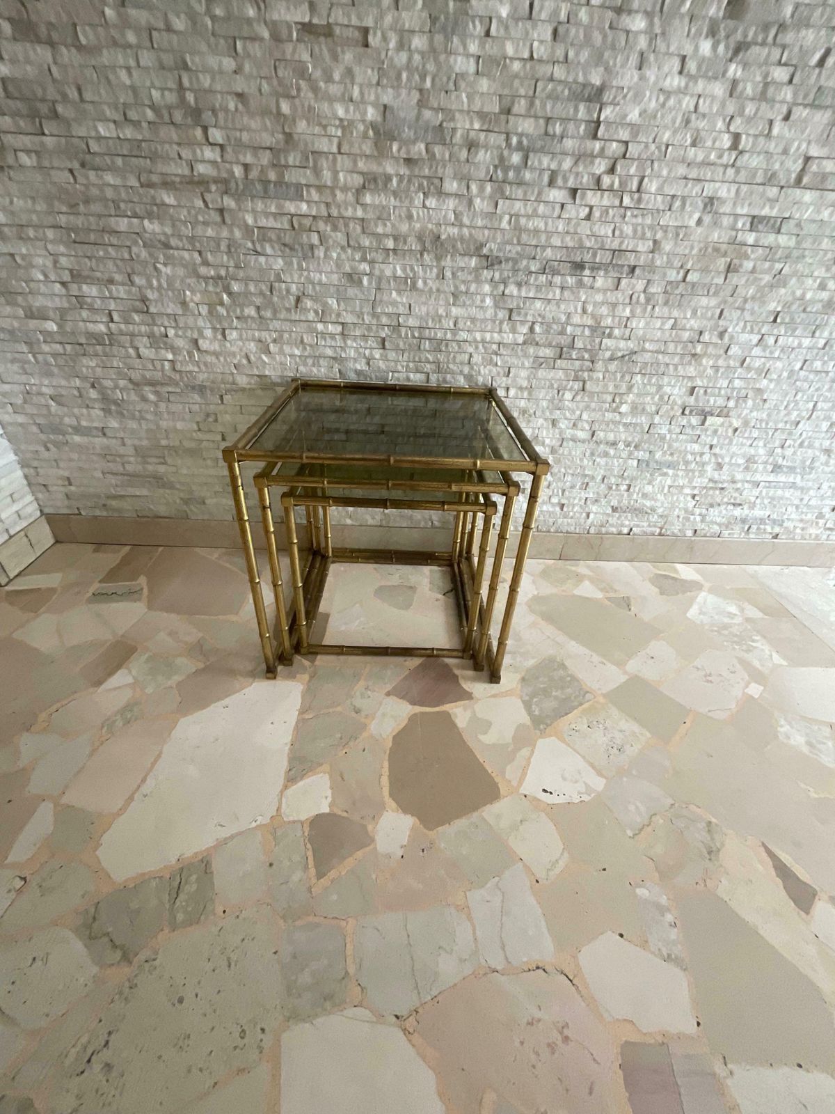 Set Of 3 Interlocking Brass And Glass Coffee Tables 1960s photo Furniture