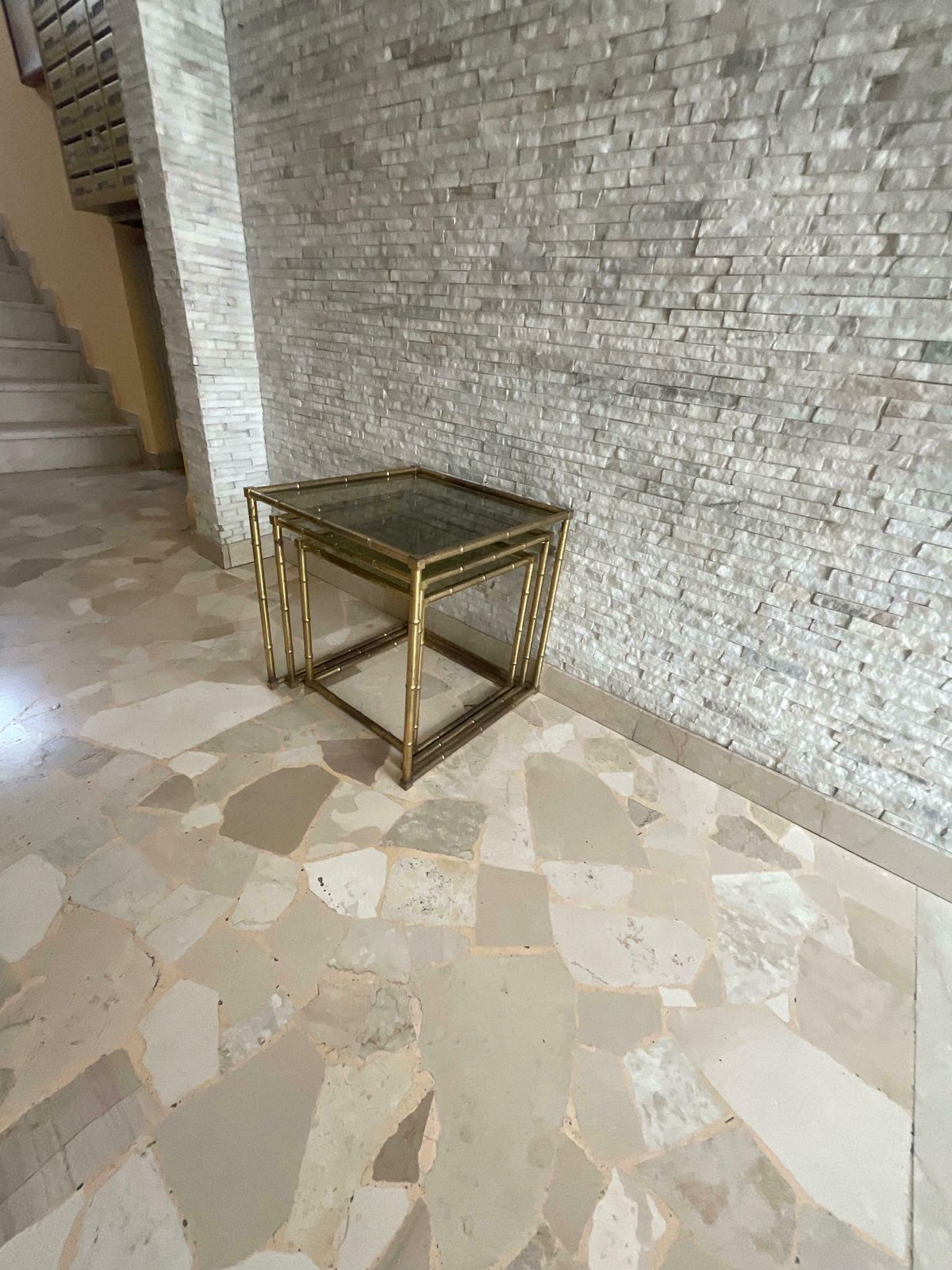 Set Of 3 Interlocking Brass And Glass Coffee Tables 1960s photo buy