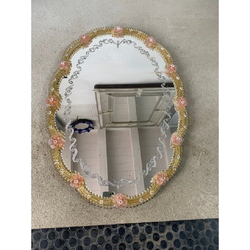 2000s Venetian Oval Gold And Pink Floreal Hand Carving Mirror In Murano Glass Style photo for sale