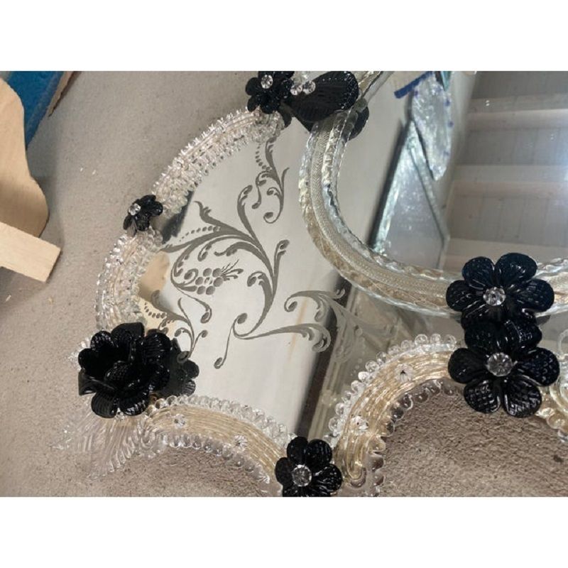 Venetian Black Floreal Hand Carving Mirror In Murano Glass Style photo vinterior