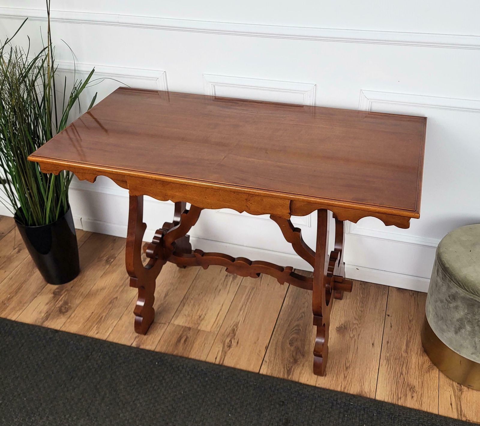 Italian Walnut Baroque Style Lyre Leg Trestle Refectory Desk Writing Table photo vinterior
