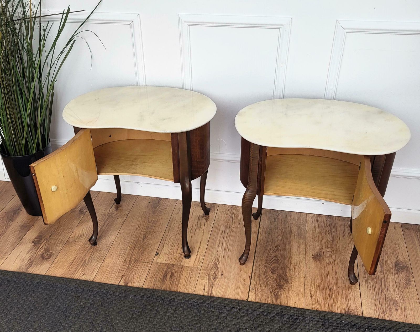 Pair Of Italian Art Deco Kidney Shaped Night Stands Bedside Tables Marble Top photo vinterior