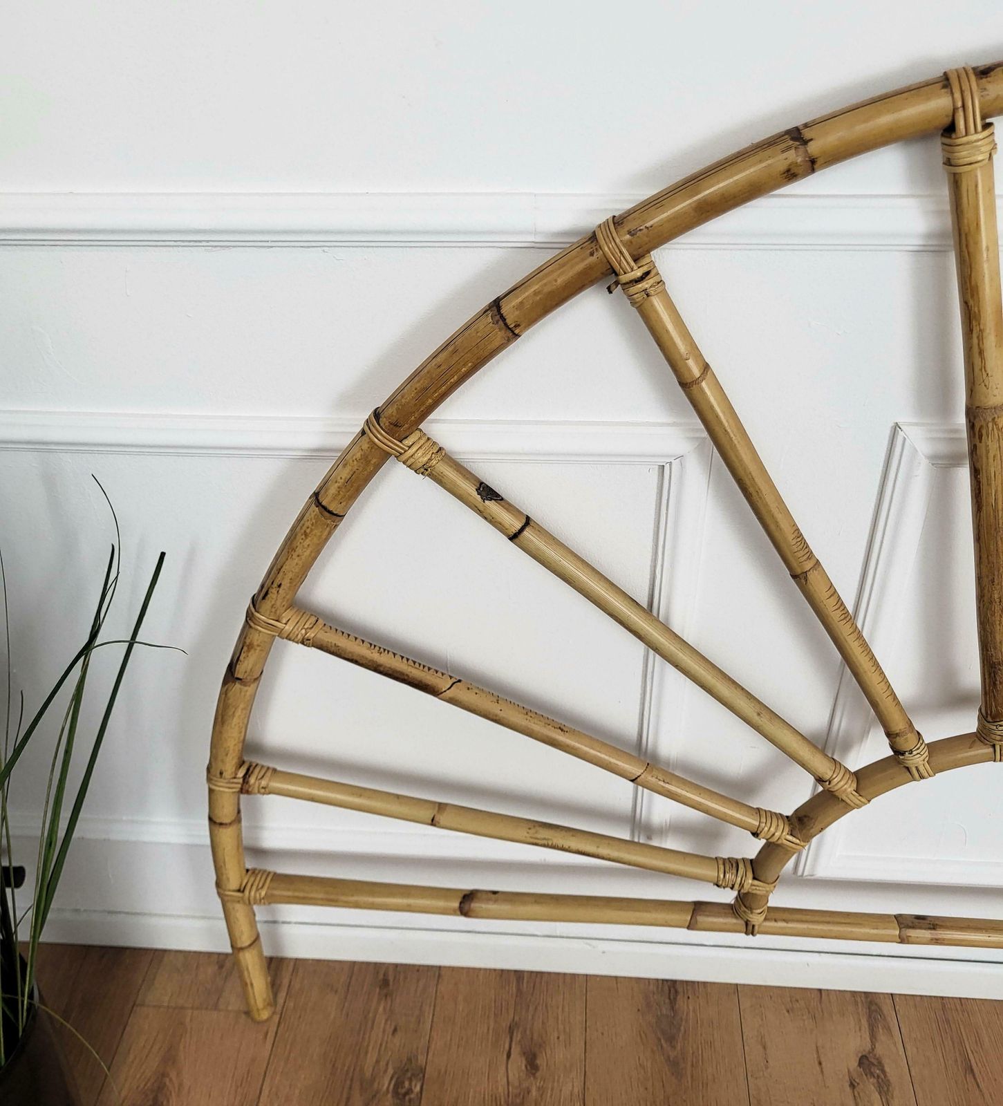 1970s Italian Bamboo Rattan Bohemian French Riviera Peacock Bed Frame Headboard photo Furniture