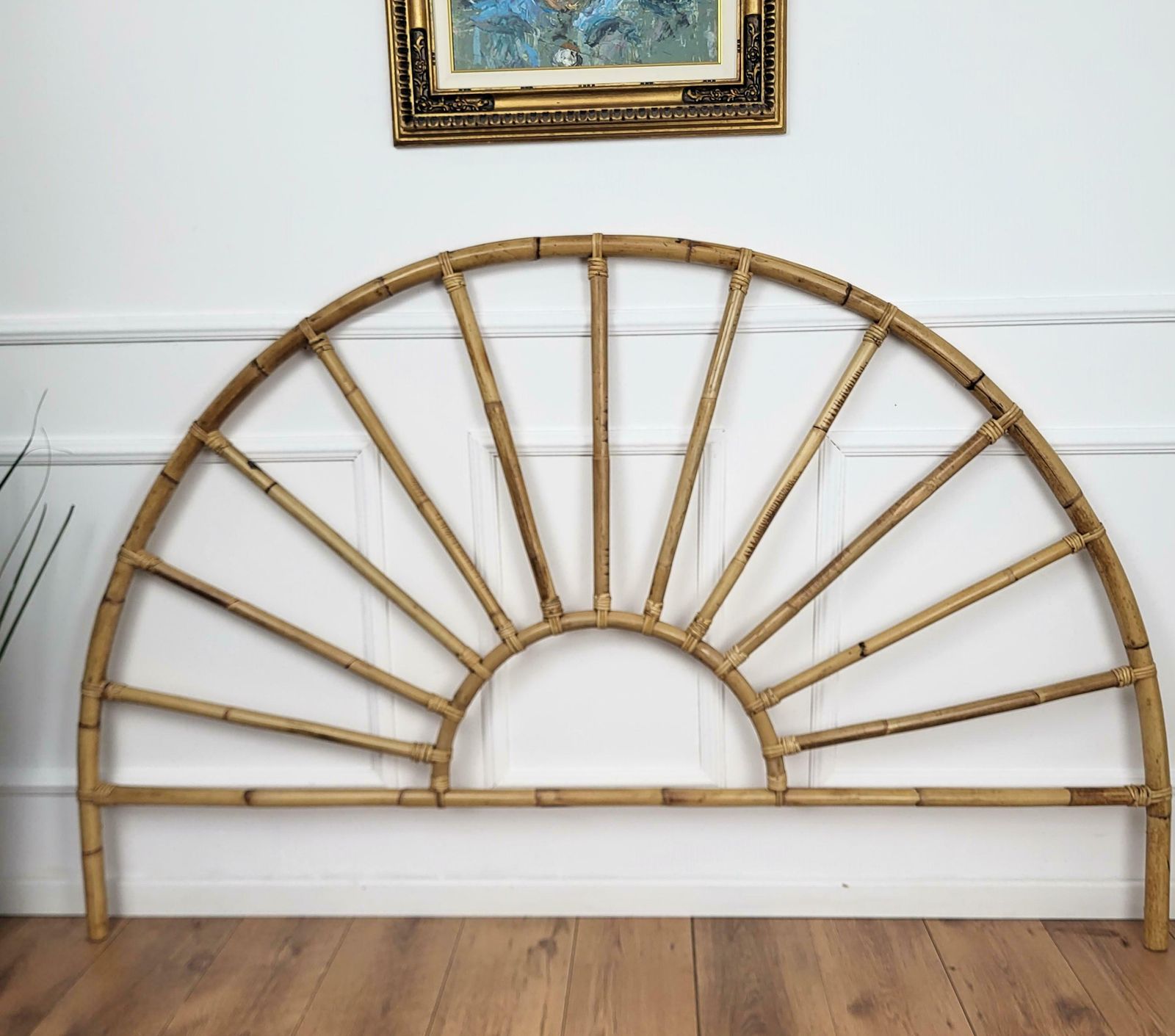 1970s Italian Bamboo Rattan Bohemian French Riviera Peacock Bed Frame Headboard photo 1423.0