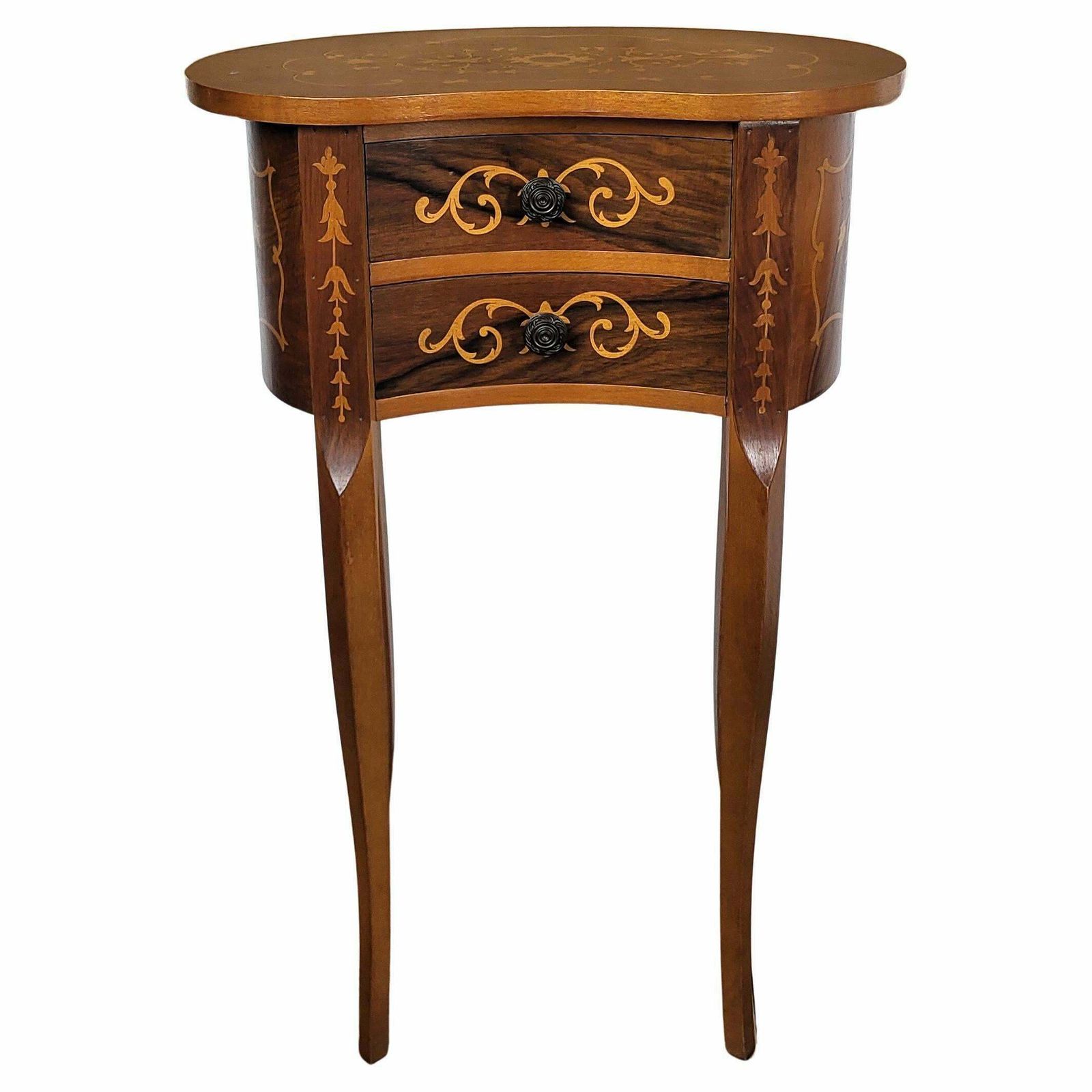 Italian Antique Marquetry Kidney Shaped Walnut Side Table With Two Drawers