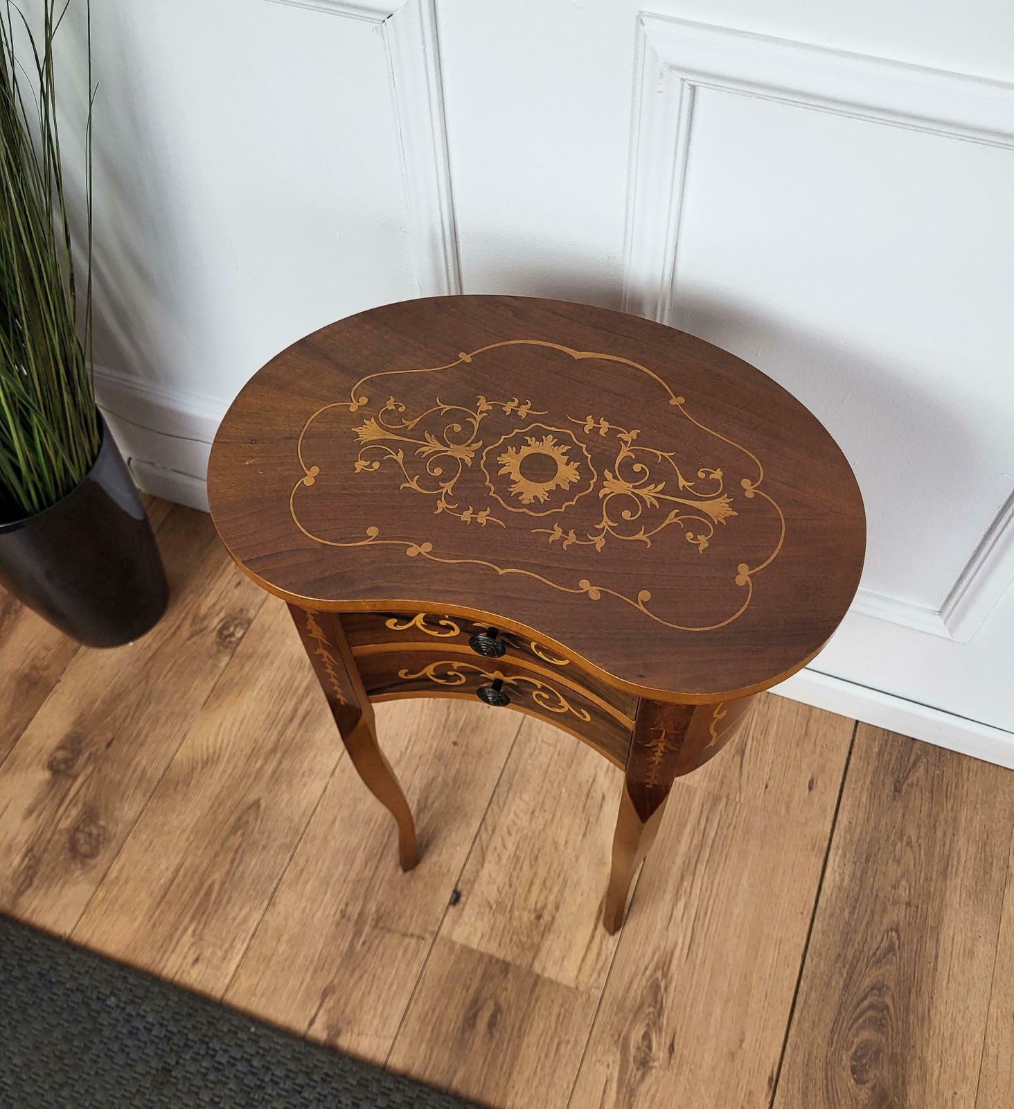 Italian Antique Marquetry Kidney Shaped Walnut Side Table With Two Drawers photo Furniture
