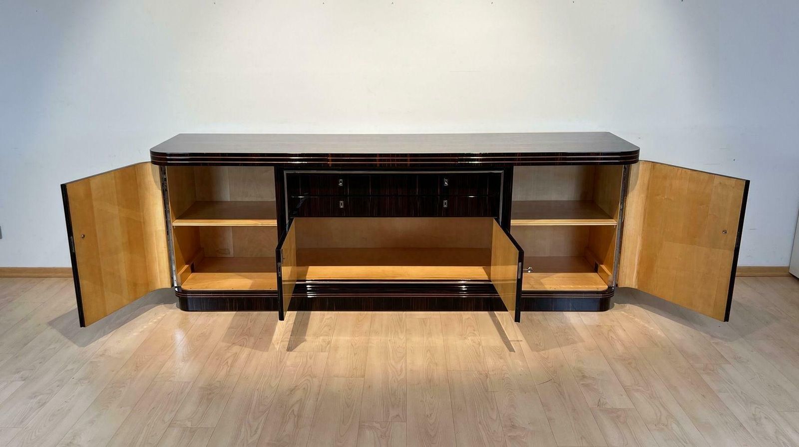 Large Art Deco Sideboard, Macassar Ebony, Maple, Chrome, France Circa 1930 photo for sale