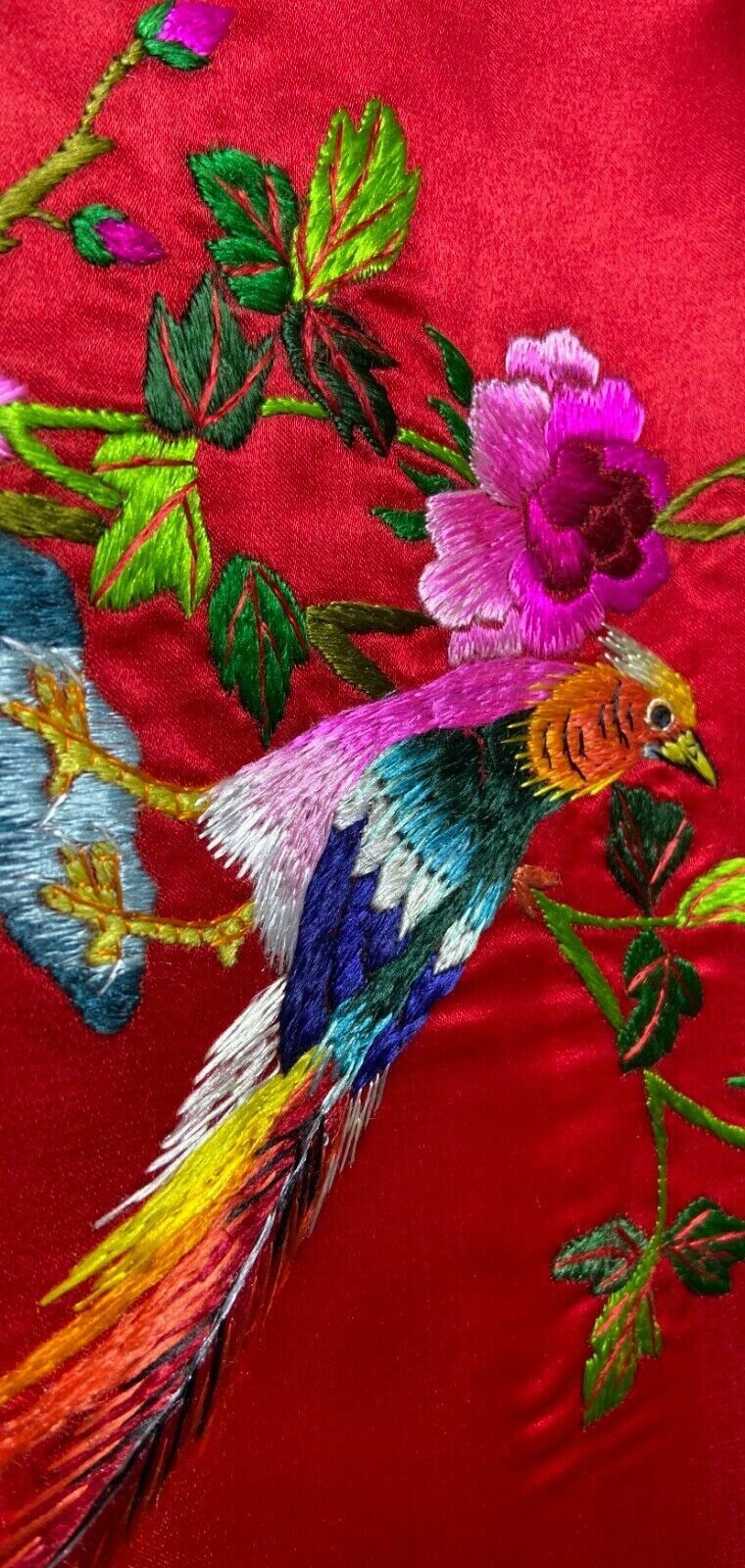 Antique Chinese Silk Hand Embroidery With A Pair Of Birds, Mudan Flower And Ston photo buy