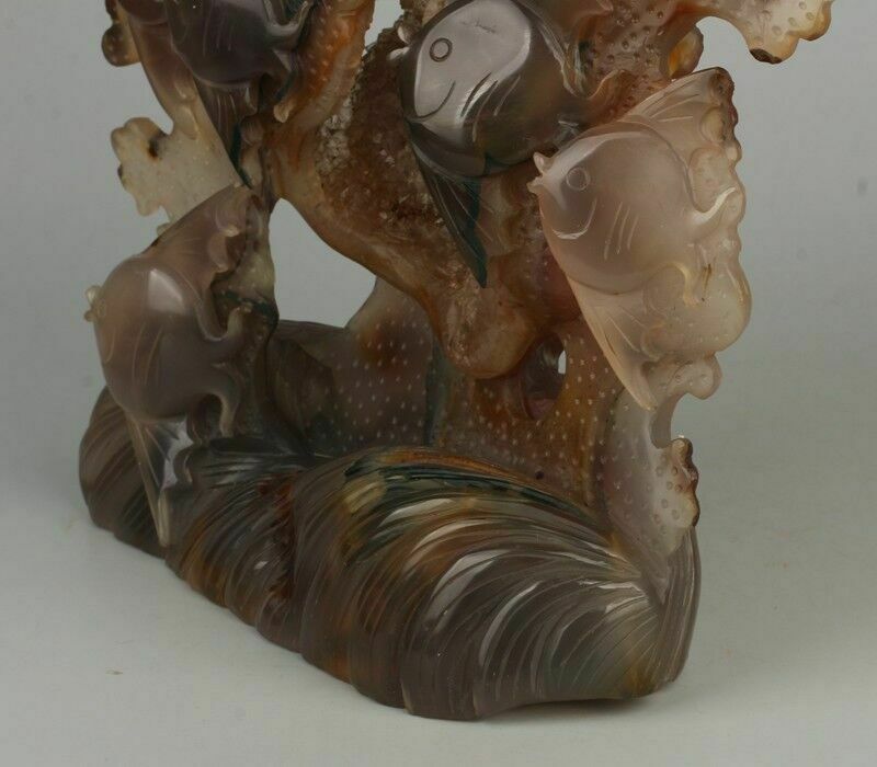 Chinese Agate Carved 8 Golden Fishes Figure photo vinterior