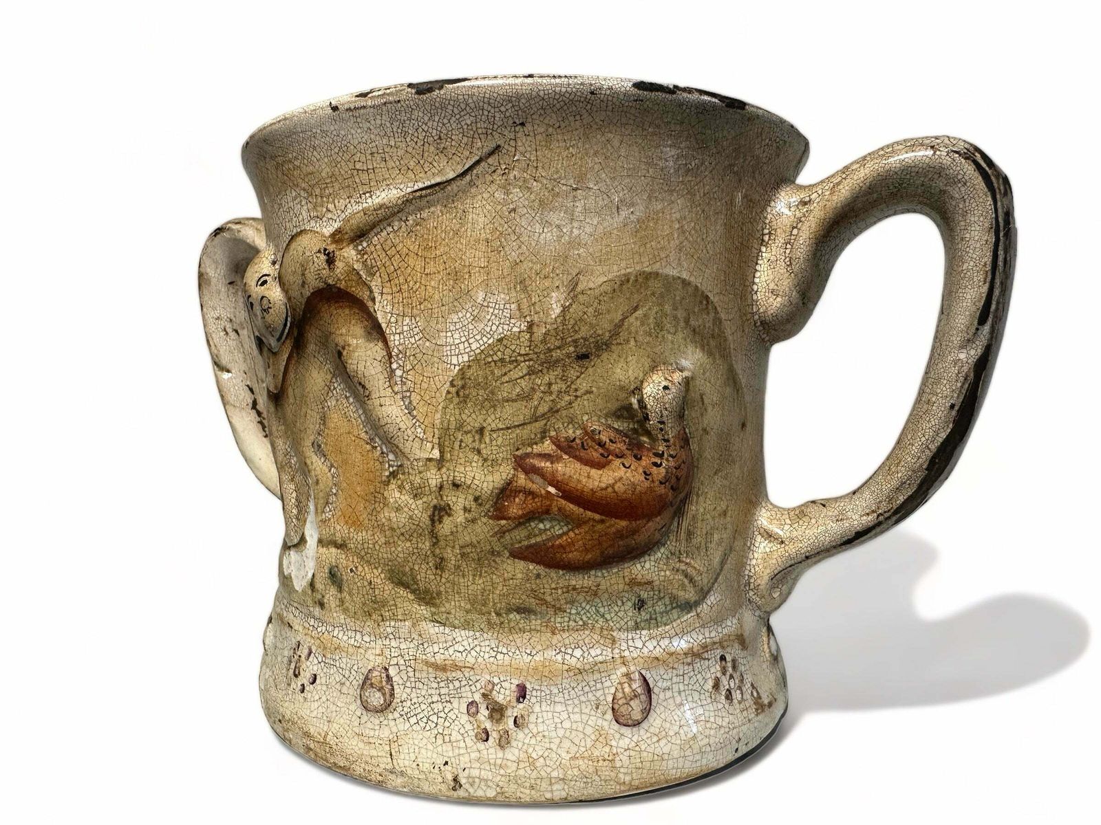 Early Antique Staffordshire Earthenware Pottery Double Handled Toad Mug With Hunting Dogs/Scenes Circa 1775 photo Home Decor