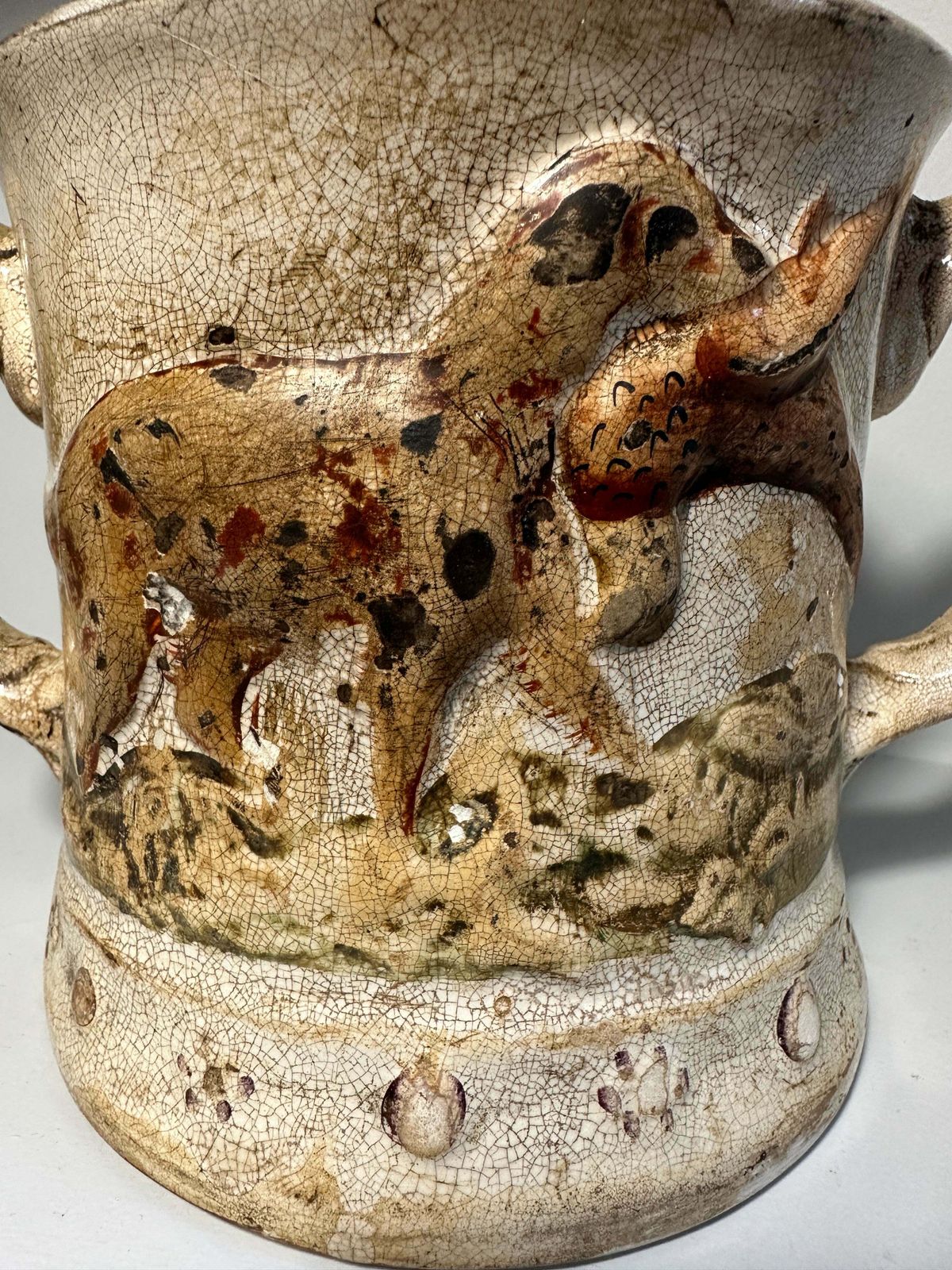 photo furniture Early Antique Staffordshire Earthenware Pottery Double Handled Toad Mug With Hunting Dogs/Scenes Circa 1775
