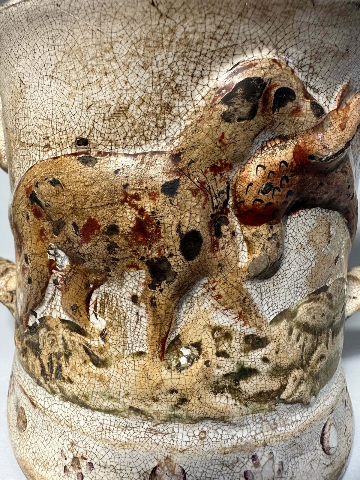 photo vinterior Early Antique Staffordshire Earthenware Pottery Double Handled Toad Mug With Hunting Dogs/Scenes Circa 1775