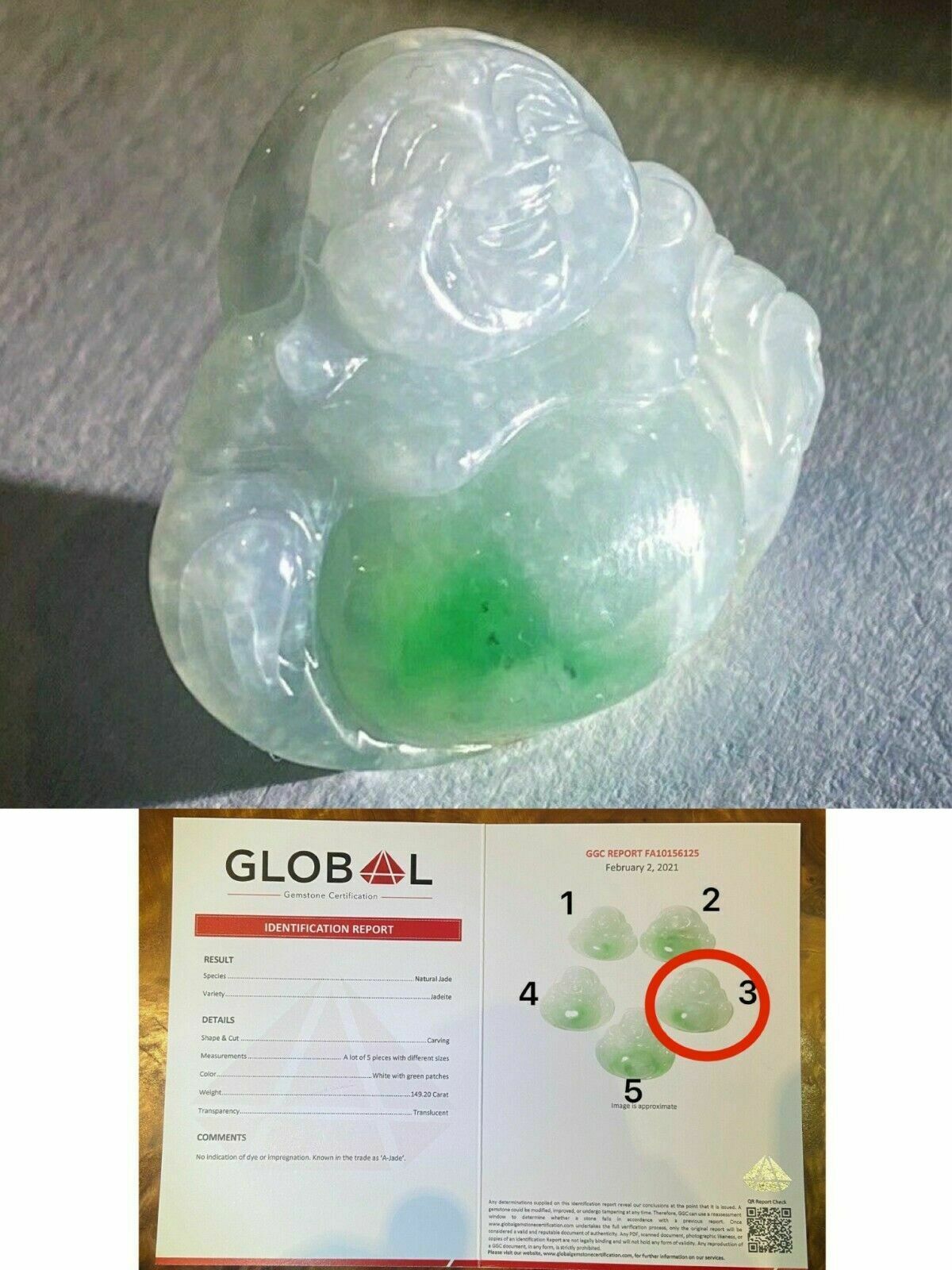 Lot 3 Natural Icy Jadeite Jade (Type A) Carve Big Belly Buddha Pendant Certified