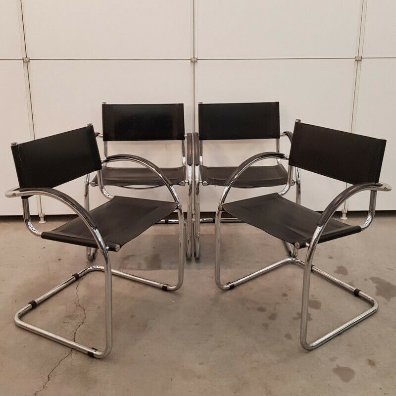 Set Of 4 Black Mart Stam Style Armchairs With Curved Armrest photo furniture