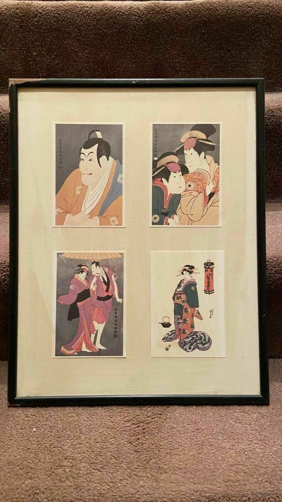 8 Woodblock Print Japan Ukiyoe Asahi Card In Glass Frame photo vintage