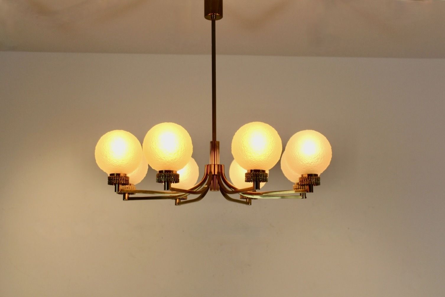 photo for sale French Brass And Frozen Glass Chandelier