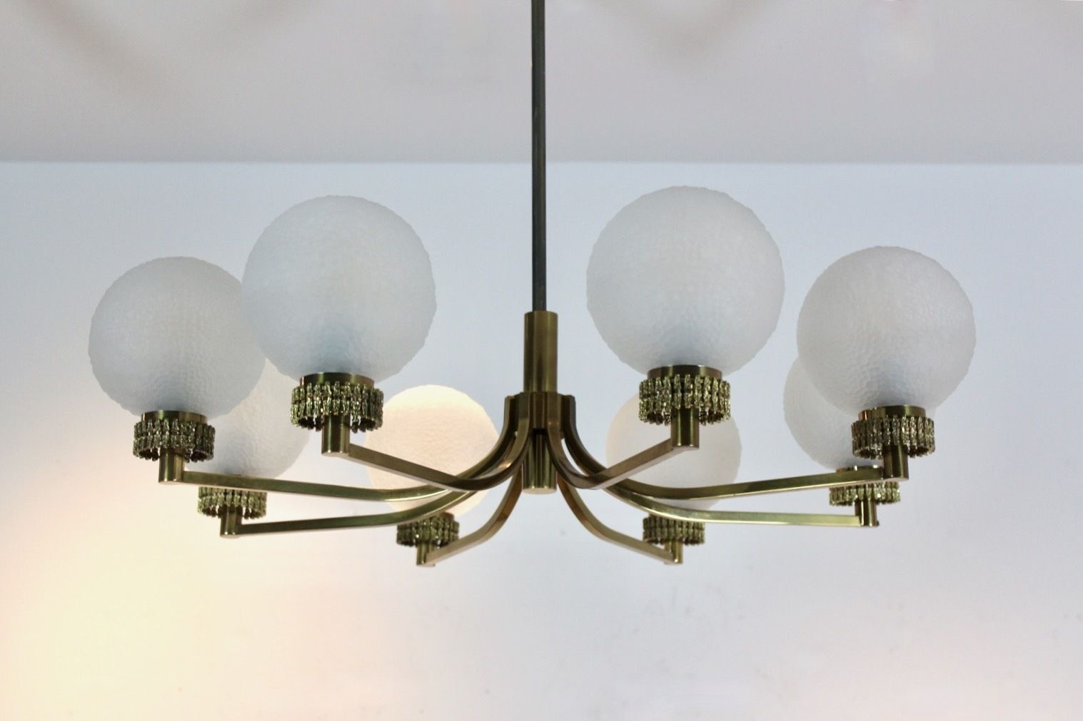 photo vintage French Brass And Frozen Glass Chandelier