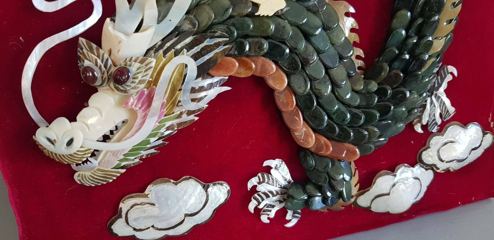 Chinese Dragon Wall Plaque Work Of Art With Precious Materials Mother Of Pearl Semi Precious Stones Wooden Frame And Glassed photo for sale