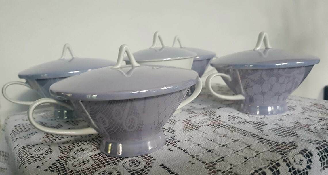 4 Rosenthal Form 2000 Double Handled Soup Bowl And Saucer By Raymond Loewy, West Germany. 1954 Mid Century Modern German Porcelain. photo Home Decor