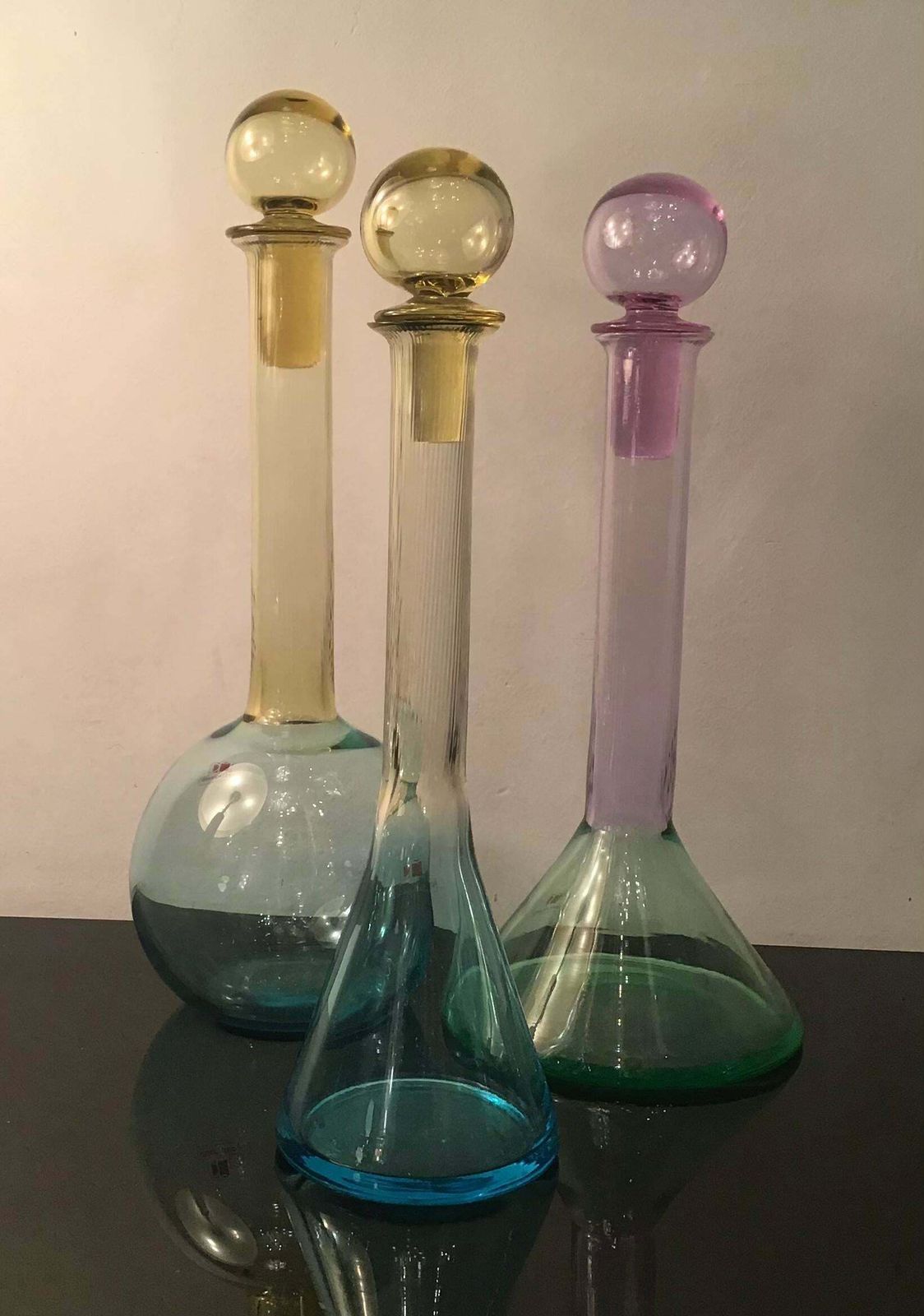 Carlo Moretti Set Of 3 Red White Rose' Wine Bottles Murano Glass 1970 Italy photo for sale