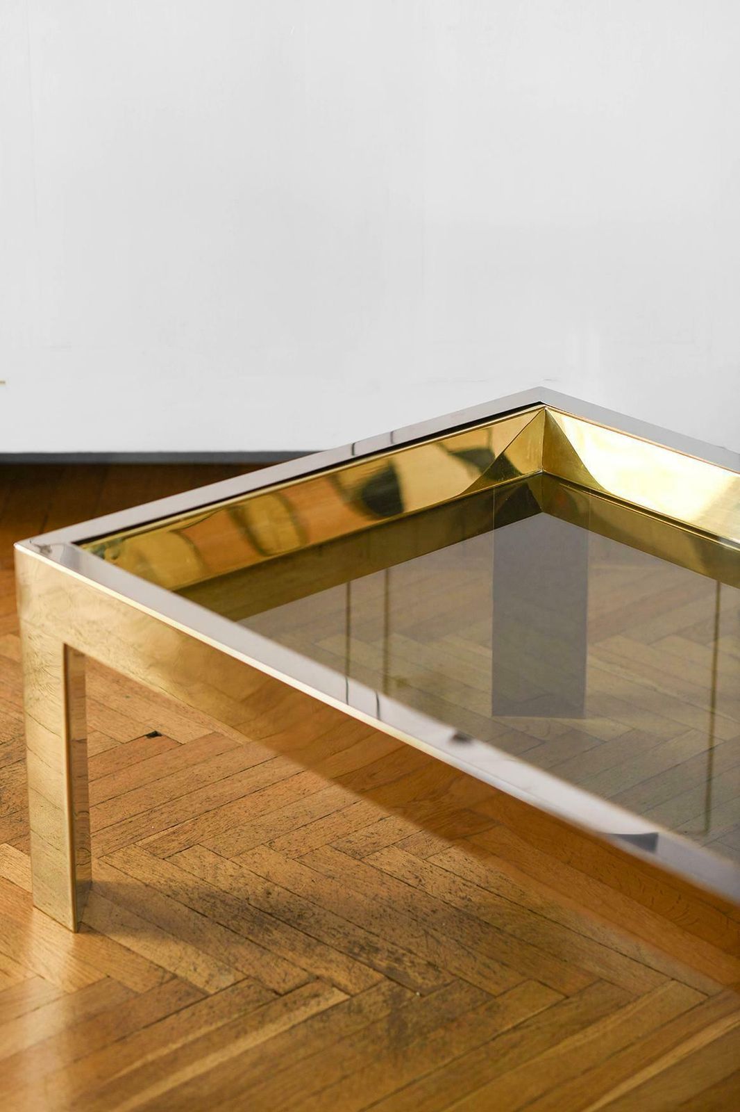 Coffee Table In Brass And Chromed Metal With Glass Top, Italy 1970 photo for sale