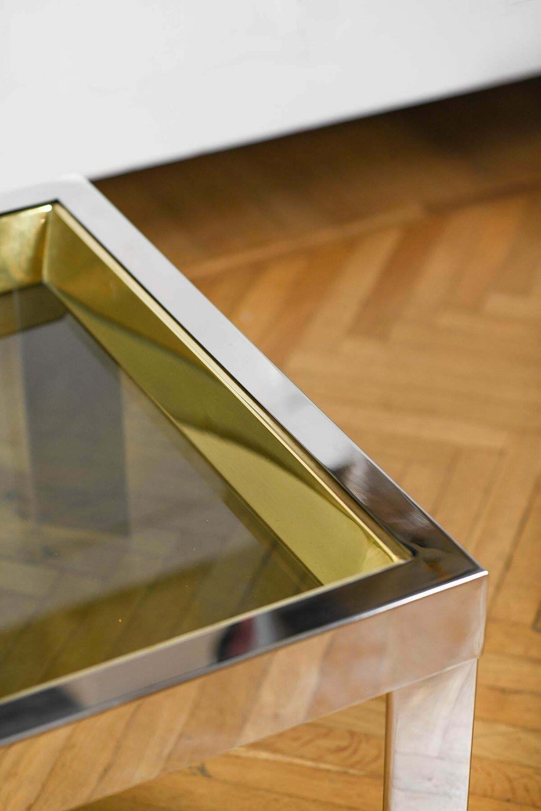 Coffee Table In Brass And Chromed Metal With Glass Top, Italy 1970 photo vintage