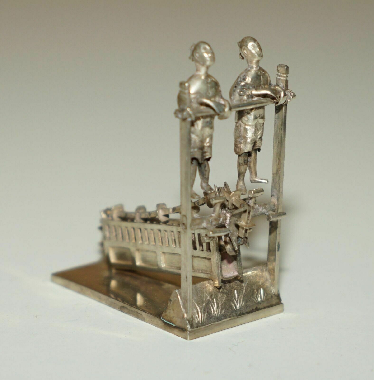 Antique Circa 1890 Chinese Sterling Silver Statue Of Men Peddling With A Chain photo for sale