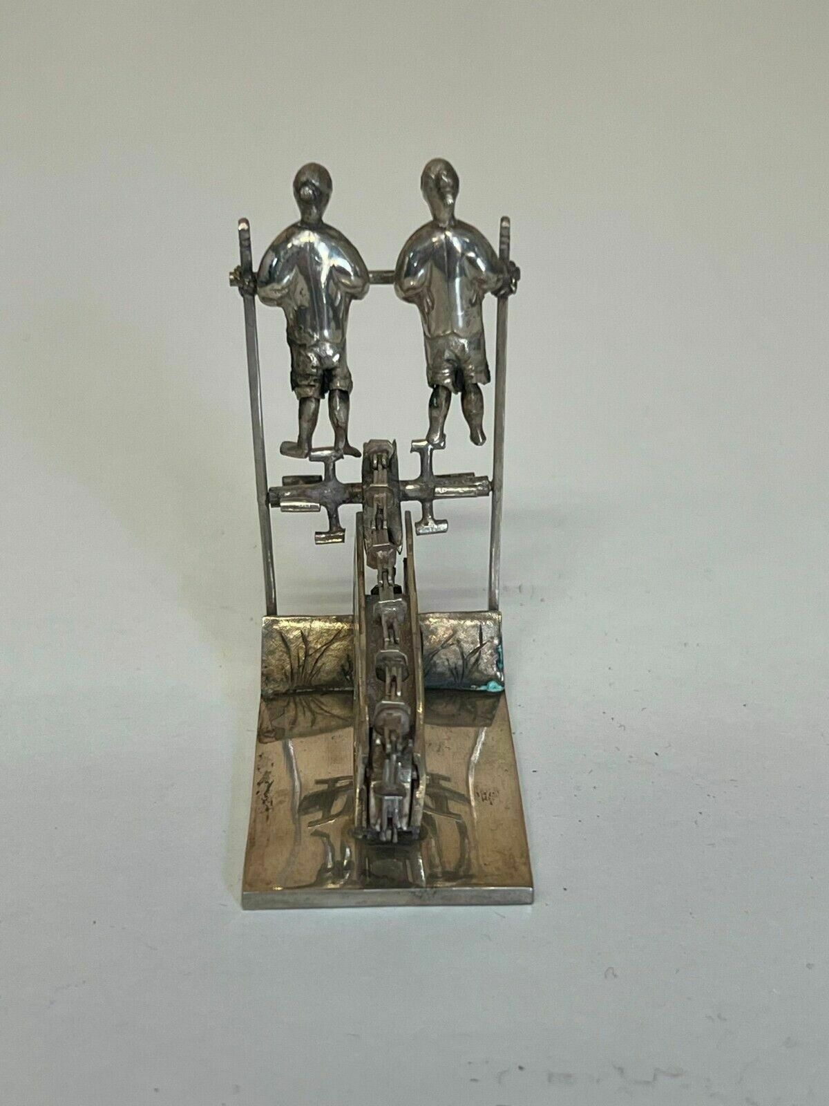 395.0 Antique Circa 1890 Chinese Sterling Silver Statue Of Men Peddling With A Chain photo