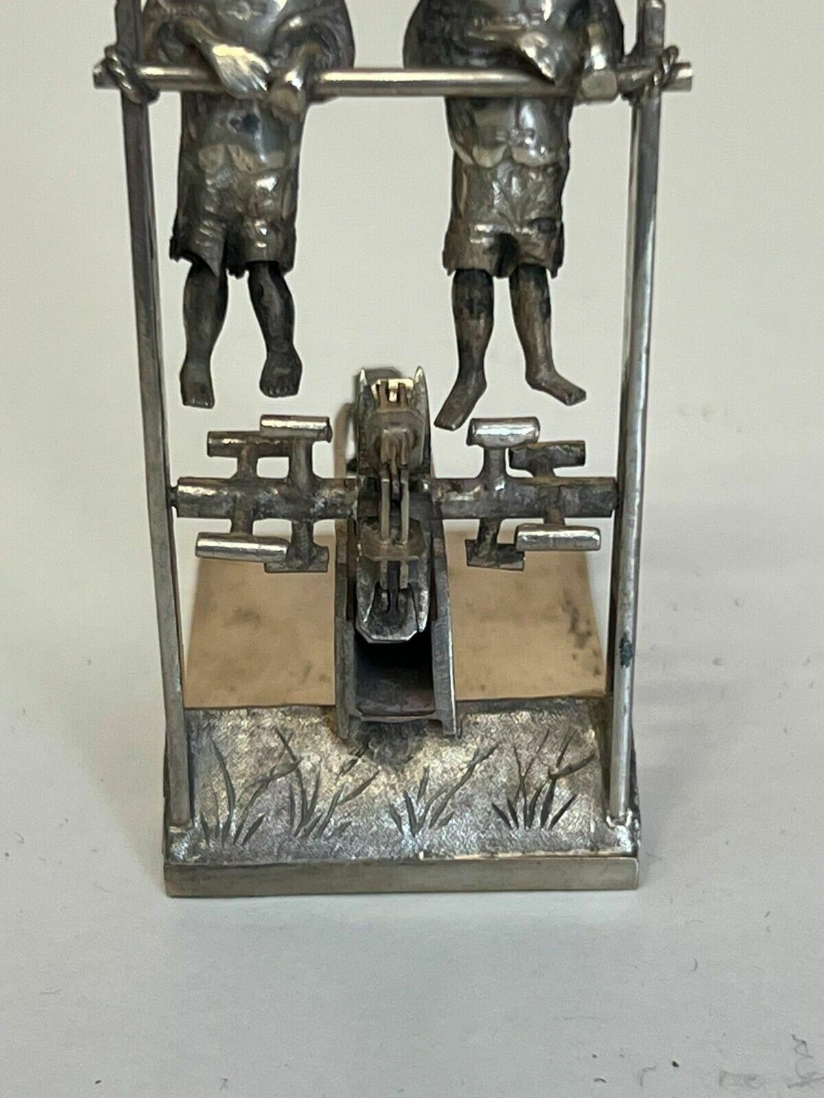 photo vintage Antique Circa 1890 Chinese Sterling Silver Statue Of Men Peddling With A Chain