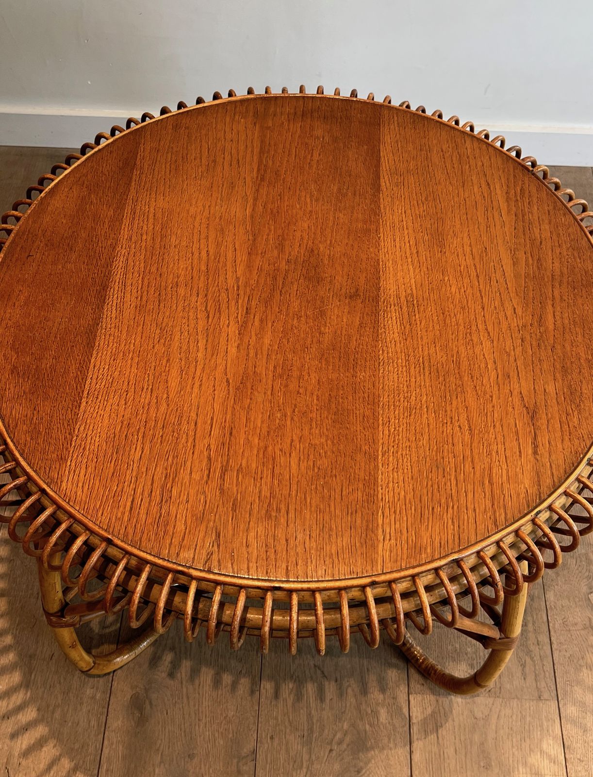Round Rattan Coffee Table In The Taste Of Franco Albini photo vintage