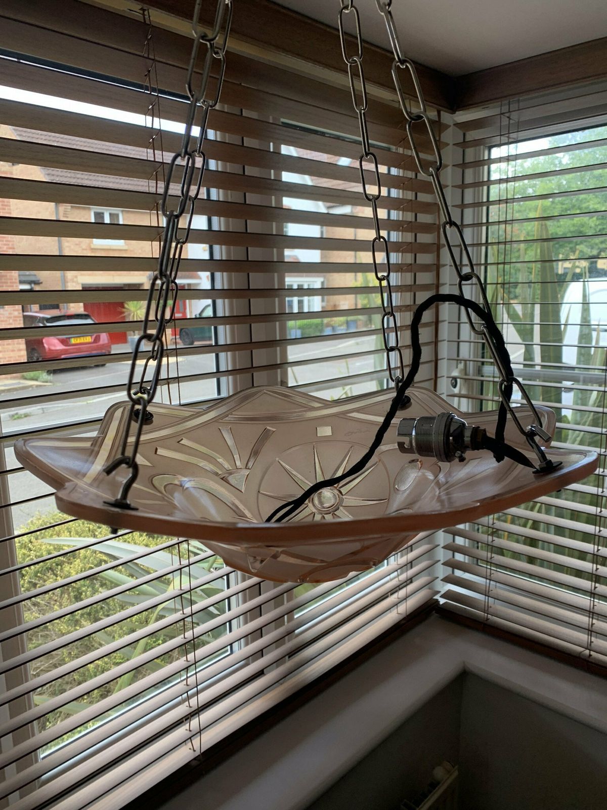 Seriously Gorgeous Original Antique Art Deco Plaffonier/Flycatcher/Cauldron/Chandelier By Degue In Frosted Pink Glass. Superb photo Lighting