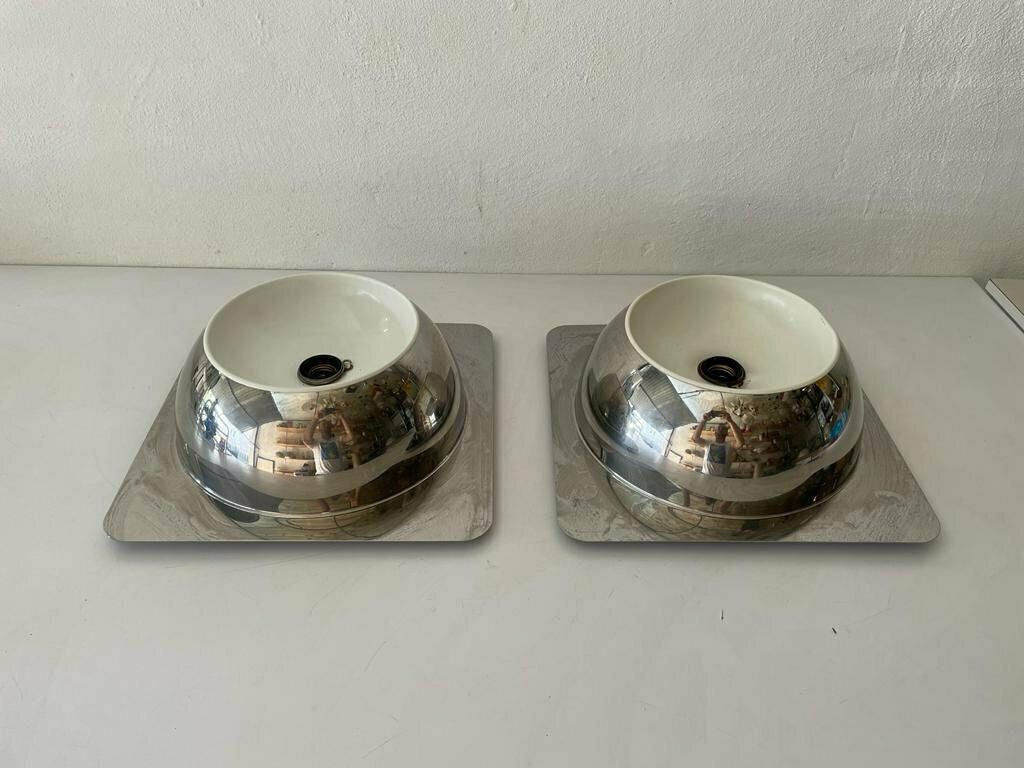 Rare Space Age Pair Of Chrome Sconces Or Ceiling Lamps By Reggiani, 1970s, Italy