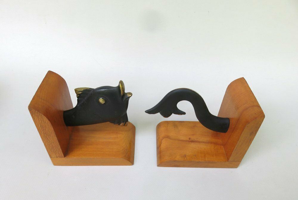 Fish Bookends In Bronze Black And Teak In The Style Of Walter Bosse 1950s Set Of 2 photo Home Decor