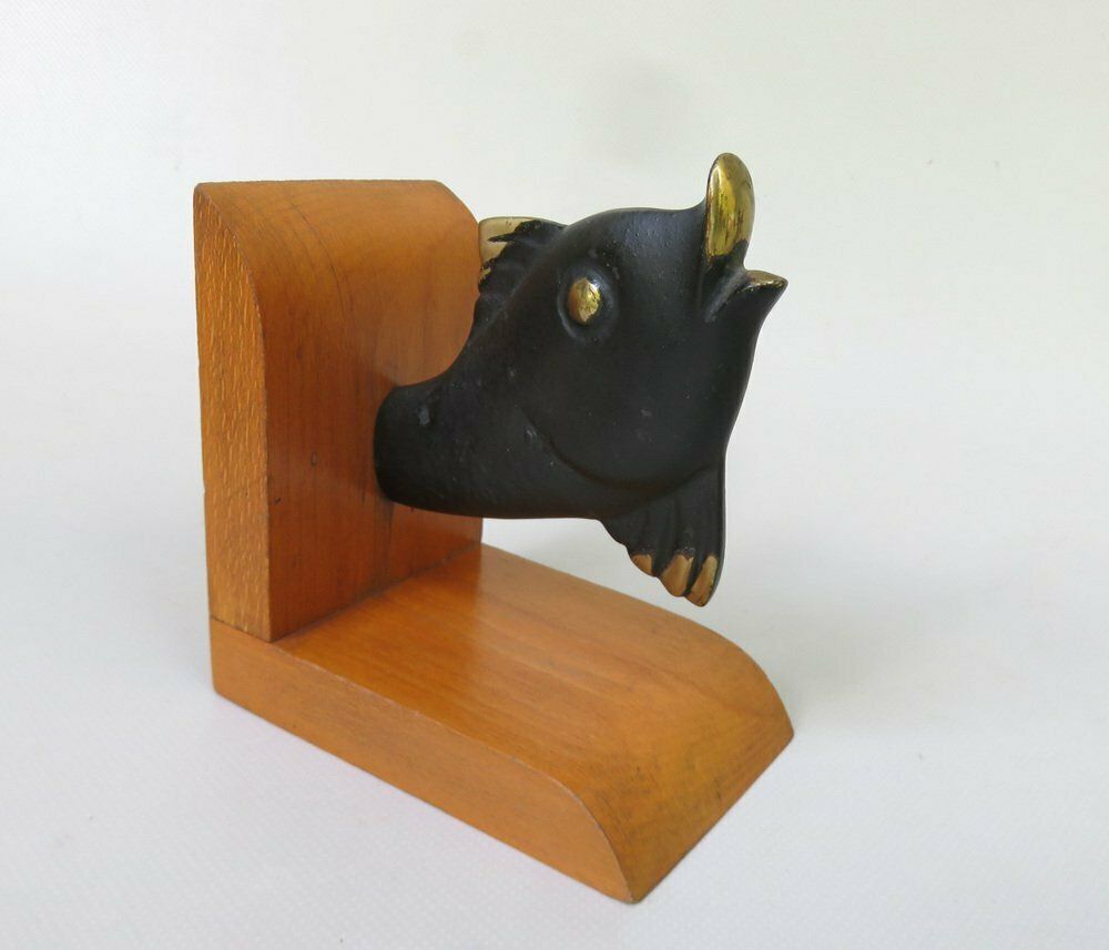 Fish Bookends In Bronze Black And Teak In The Style Of Walter Bosse 1950s Set Of 2 photo vintage