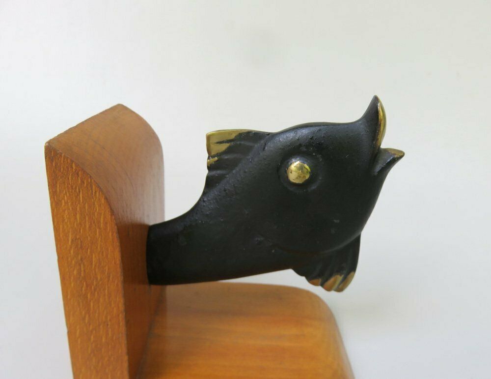 photo vinterior Fish Bookends In Bronze Black And Teak In The Style Of Walter Bosse 1950s Set Of 2
