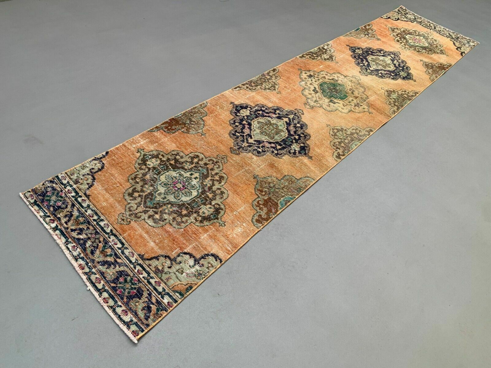Distressed Turkish Runner 375x80 Cm Wool Vintage Tribal Rug photo for sale