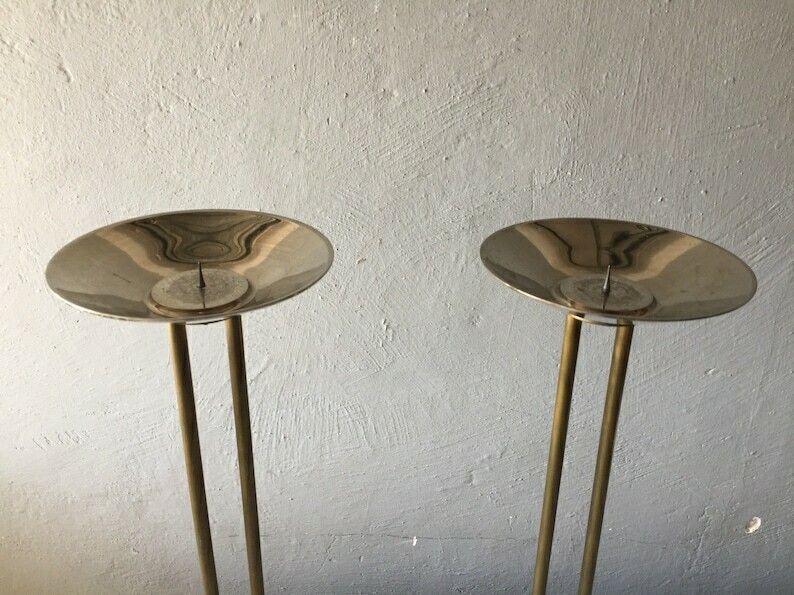 60s Metal And Brass Pair Of Floor Candleholder   Mid Century Modern Large Candlesticks photo Home Decor