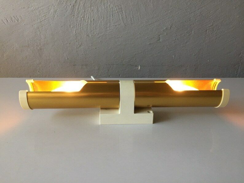 Erco 70s Pair Of Wall Sconces   Gold Coloured Metal Body   Plastic Base   Twin Head German Lighting photo Lighting