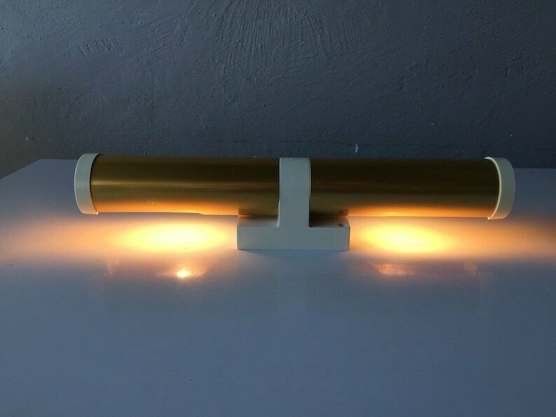 Erco 70s Pair Of Wall Sconces   Gold Coloured Metal Body   Plastic Base   Twin Head German Lighting photo buy