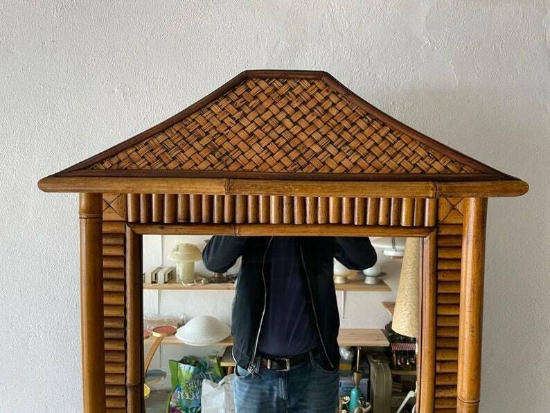 photo furniture Beautifully Hand Crafted Bamboo Xl Wall Mirror With 2 Drawers, 1960s
