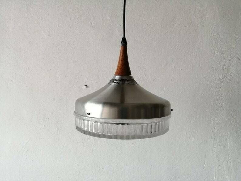 Bubble Glass & Metalic Body Ceiling Lamp   Teak Top Detail   1960s Germany