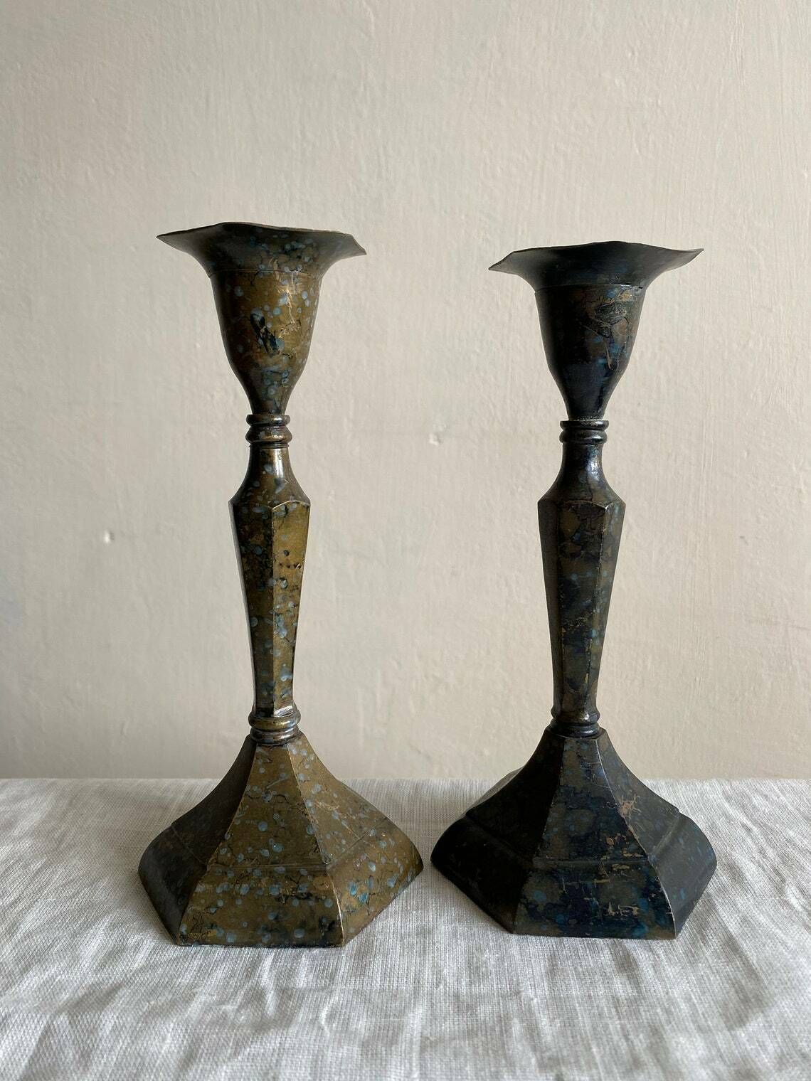 Pewter Wavy And Scalloped Candlesticks, Pair Of Vintage Metal Candlestick Holders photo 120.0