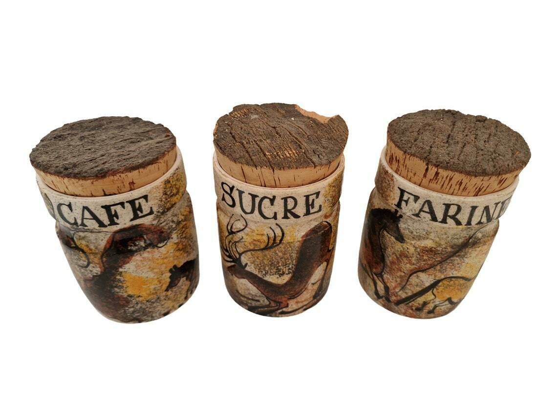 French Pottery Kitchen Canister Set With Cave Paintings Of Prehistoric Animals, Set Of 3, Flour, Sugar And Coffee Jars photo for sale