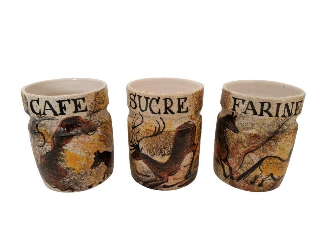 French Pottery Kitchen Canister Set With Cave Paintings Of Prehistoric Animals, Set Of 3, Flour, Sugar And Coffee Jars photo Home Decor