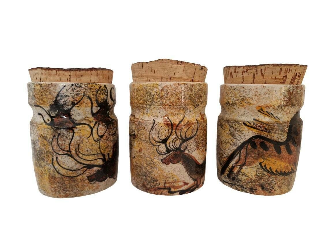 French Pottery Kitchen Canister Set With Cave Paintings Of Prehistoric Animals, Set Of 3, Flour, Sugar And Coffee Jars photo vinterior