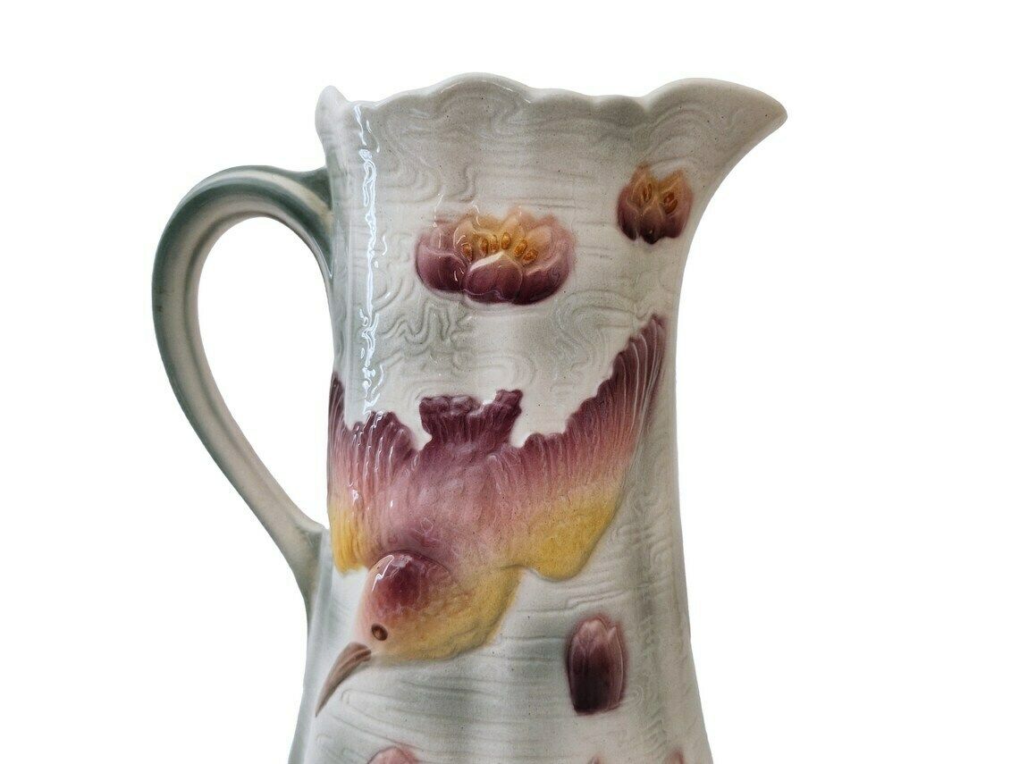 French Majolica Water Pitcher With Kingfisher And Water Lilies, Vintage Saint Clement Ceramic Jug photo buy